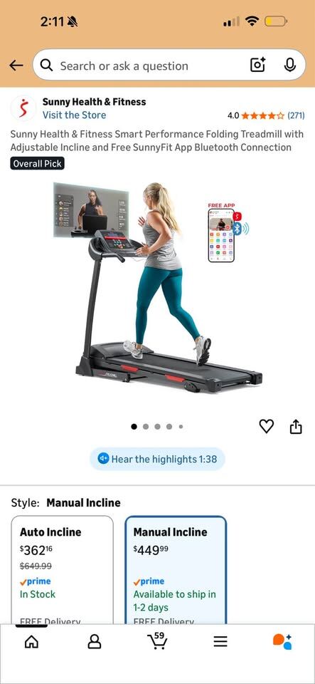 New in the box sunny health treadmill