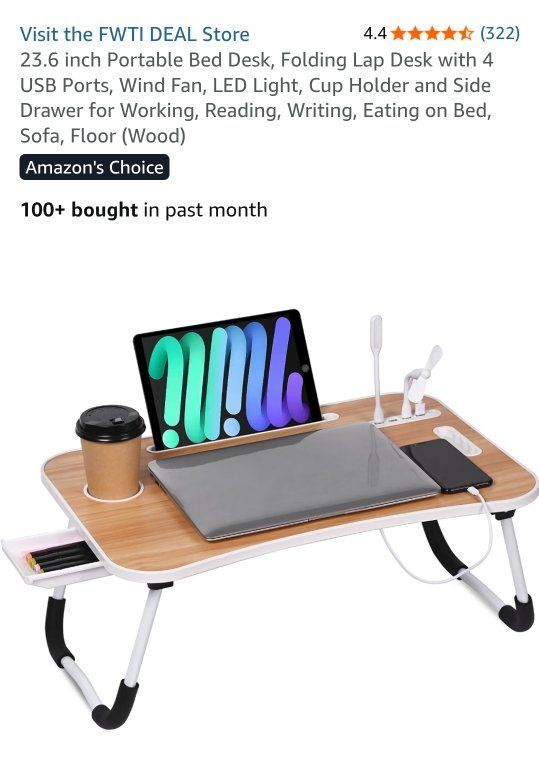 New 23.6 Inch Portable Folding Lap Desk with 4 USB Ports and Cup Holder - Wood