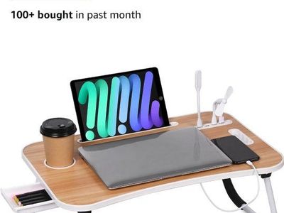 New 23.6 Inch Portable Folding Lap Desk with 4 USB Ports and Cup Holder - Wood