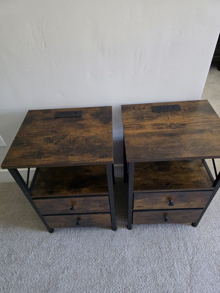 2 Industrial Nightstands w/ Charging Station - 14.75"L x 15.75"W x 23.75"H Wood & Metal