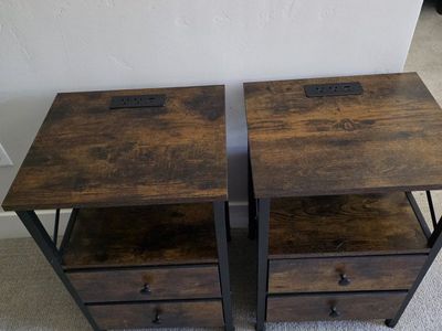 2 Industrial Nightstands w/ Charging Station - 14.75"L x 15.75"W x 23.75"H Wood & Metal