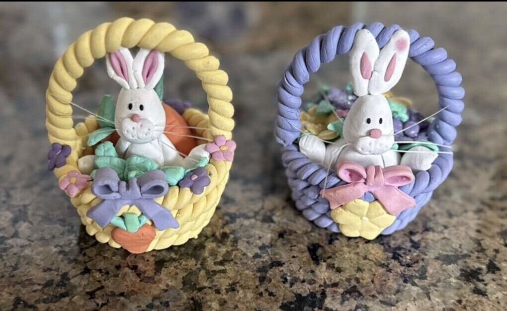 Set Of 2 Polymer Easter Bunnies In Baskets