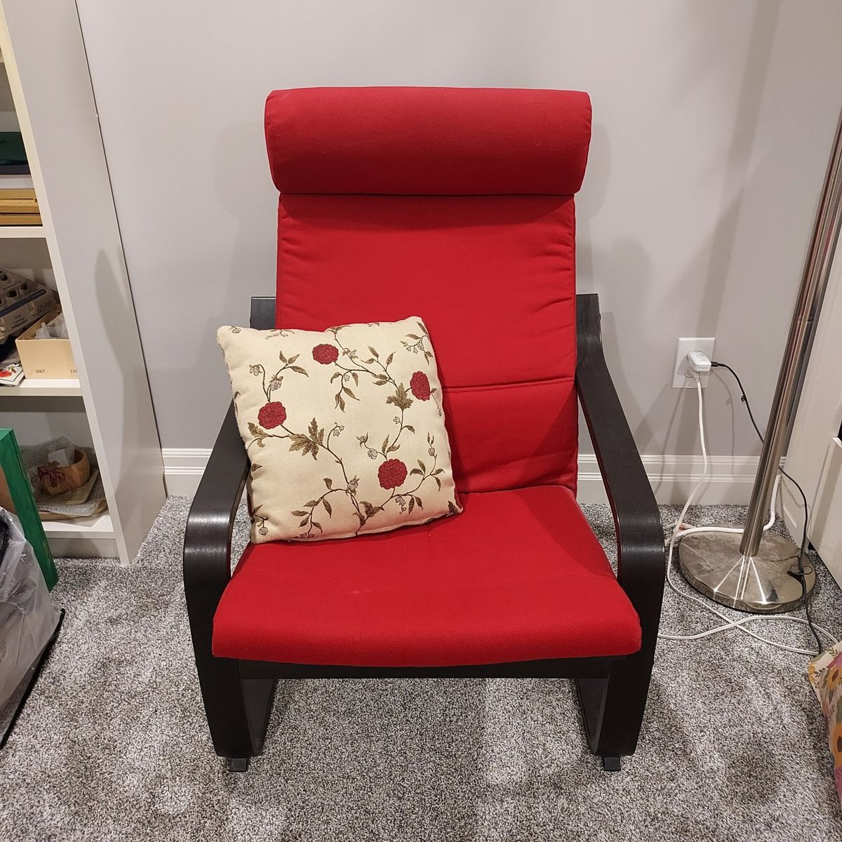 IKEA Poäng Armchair - Dark Brown Frame with Red Fabric Cushion + Pillow