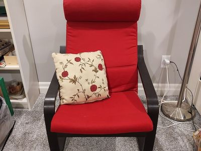 IKEA Poäng Armchair - Dark Brown Frame with Red Fabric Cushion + Pillow