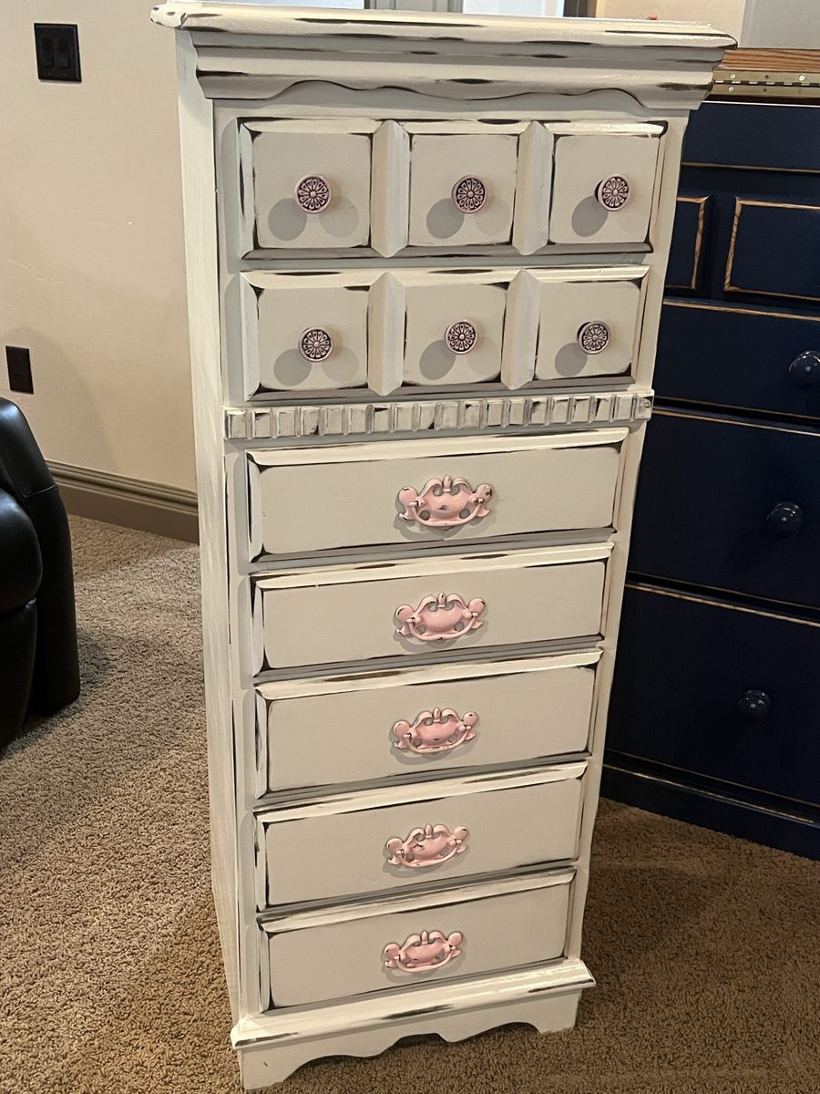 Antique refinished Tall White distressed dresser pink knobs