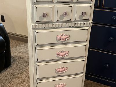 Antique refinished Tall White distressed dresser pink knobs