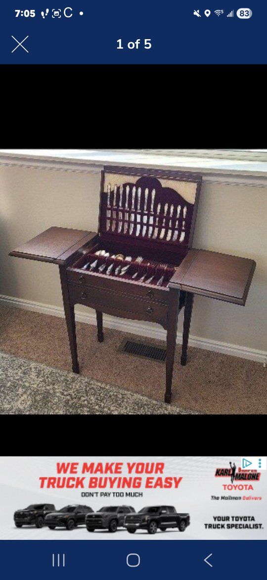 Vintage Drop Leaf Flatware Storage Cabinet Console Table - Dark Wood, 2 Drawers