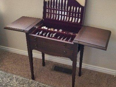 Vintage Drop Leaf Flatware Storage Cabinet Console Table - Dark Wood, 2 Drawers
