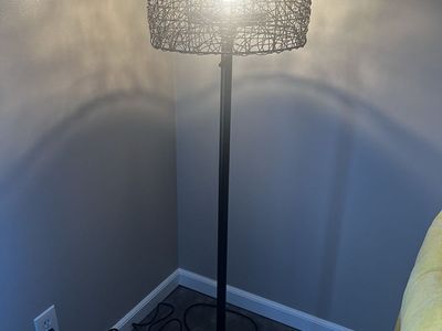 Modern Black Metal Floor Lamp with Woven Wire Shade