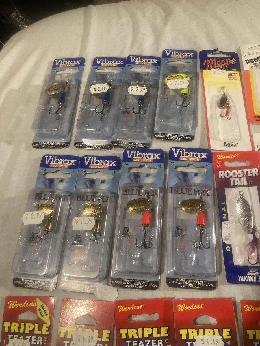 Lot of 26 New Assorted Fishing Lures - Vibrax, Mepps, Worden's, Krocidile, & Blue Fox