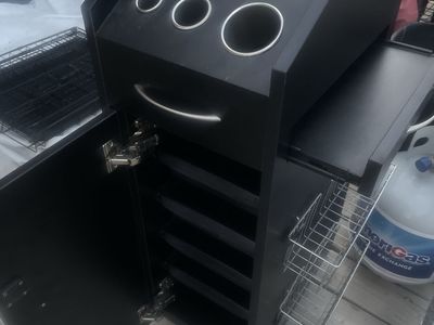 Black Salon Station Styling Unit with Appliance Holders and Storage