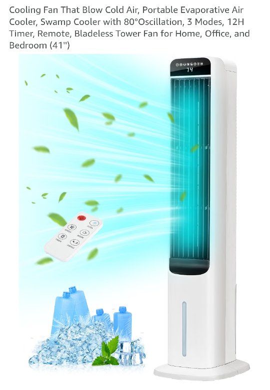 Portable 3-in-1 Bladeless Evaporative Air Cooler & Tower Fan with Remote