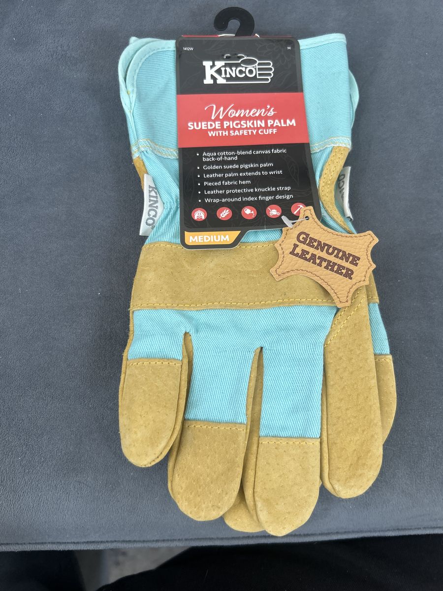 Kinco Women's Suede Pigskin Palm Work Gloves, Size Medium, Aqua & Golden Leather