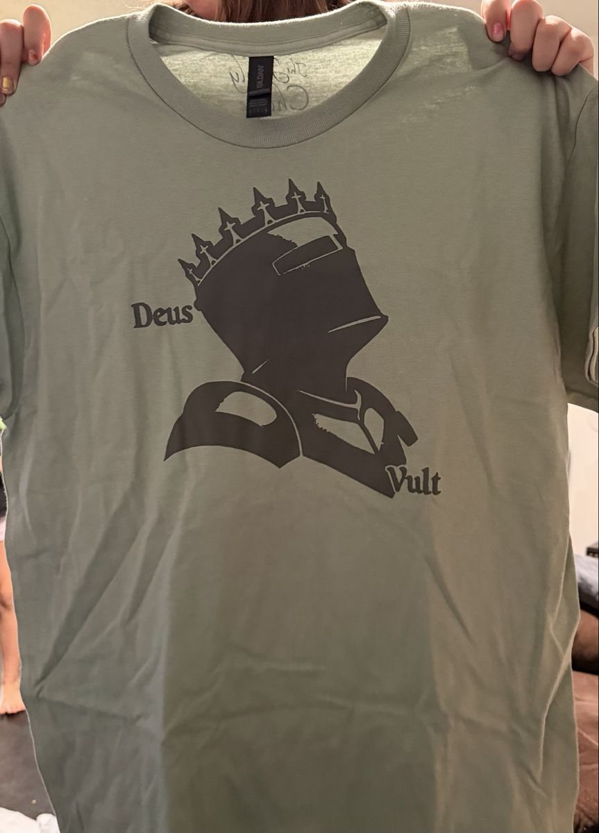 "Deus Vult" Knight Helmet Graphic T-Shirt - Sage Green, Adult Large, 100% Cotton.