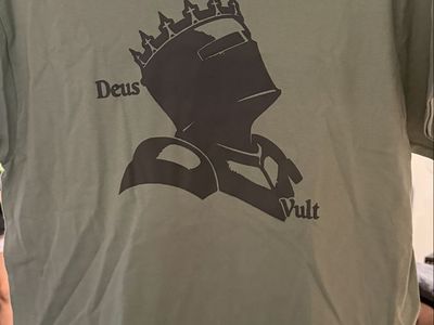 "Deus Vult" Knight Helmet Graphic T-Shirt - Sage Green, Adult Large, 100% Cotton.