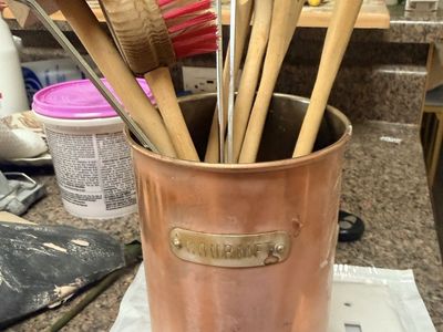 Vintage Copper Gourmet Utensil Holder with Wooden Kitchen Utensils