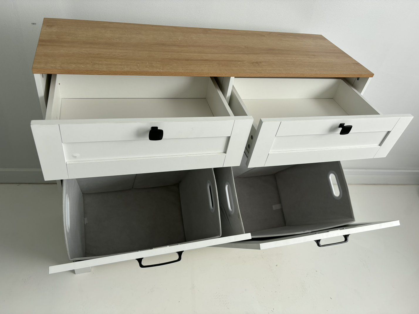 White and Wood Grain Double Laundry Hamper Cabinet with Storage Drawers