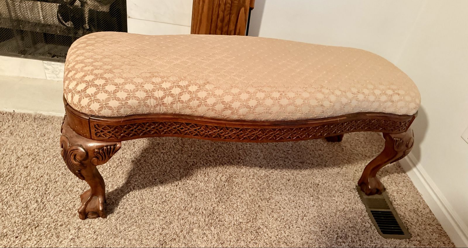 Ornate Wooden Bench with Carved Ball and Claw Feet and Patterned Upholstery