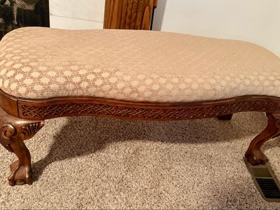 Ornate Wooden Bench with Carved Ball and Claw Feet and Patterned Upholstery