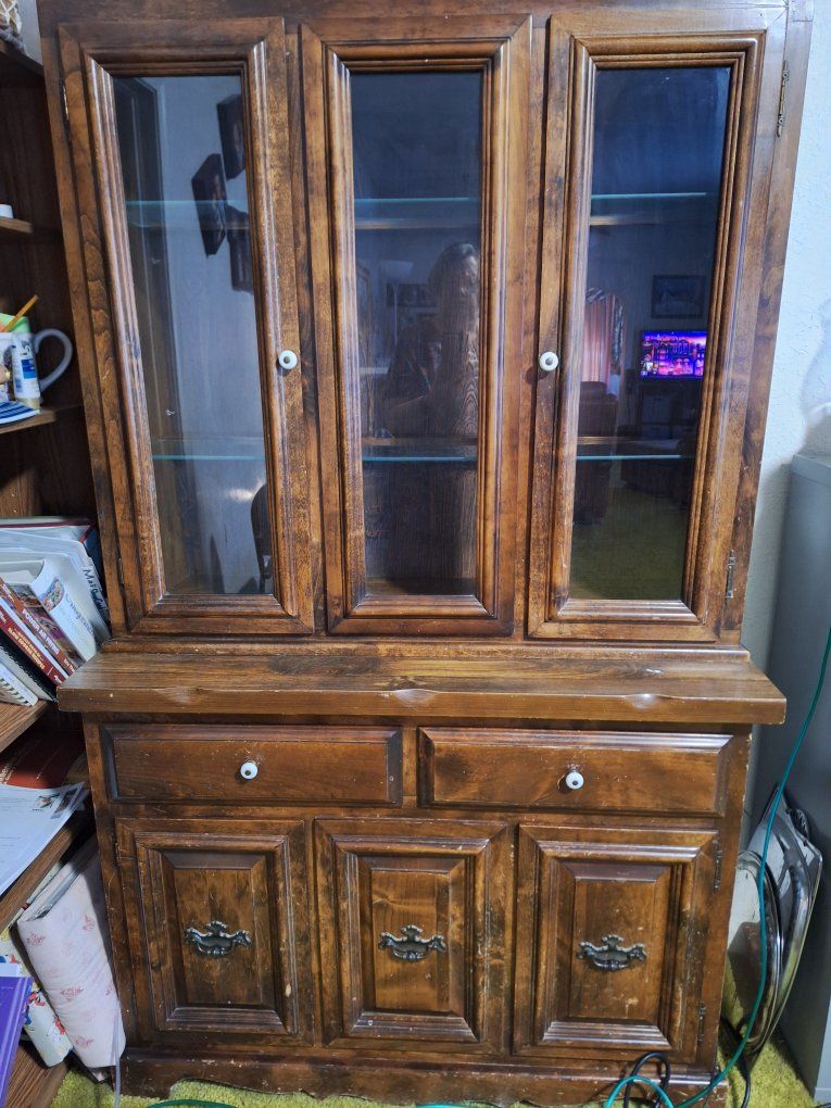 Vintage Wooden China Cabinet Hutch with Glass Display Doors