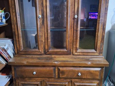 Vintage Wooden China Cabinet Hutch with Glass Display Doors