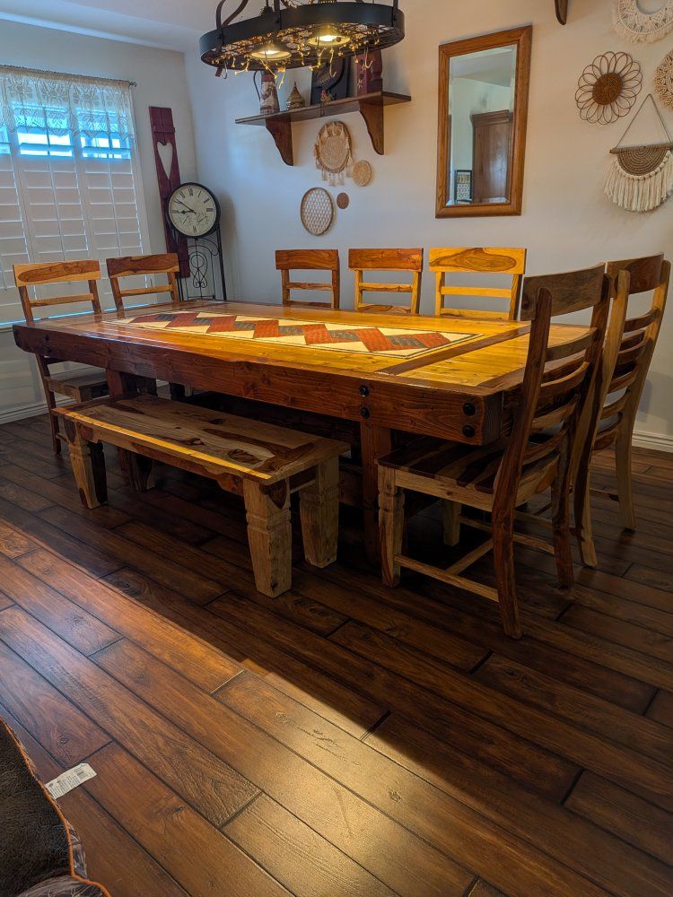 Custom Made Dining Table with Rustic Sheesham Wood Dining Chairs & Bench Set - Seats 10