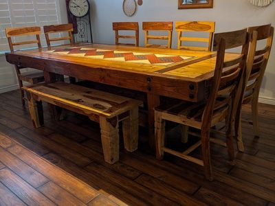 Custom Made Dining Table with Rustic Sheesham Wood Dining Chairs & Bench Set - Seats 10