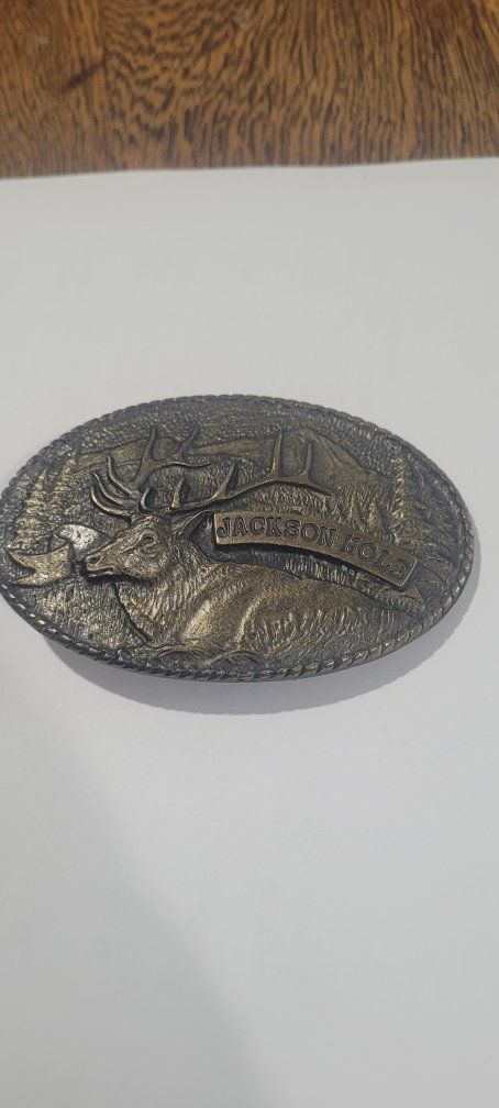 Vintage Touchstone Inc. 1978 Jackson Hole Elk Buckle - Rustic Gold Tone