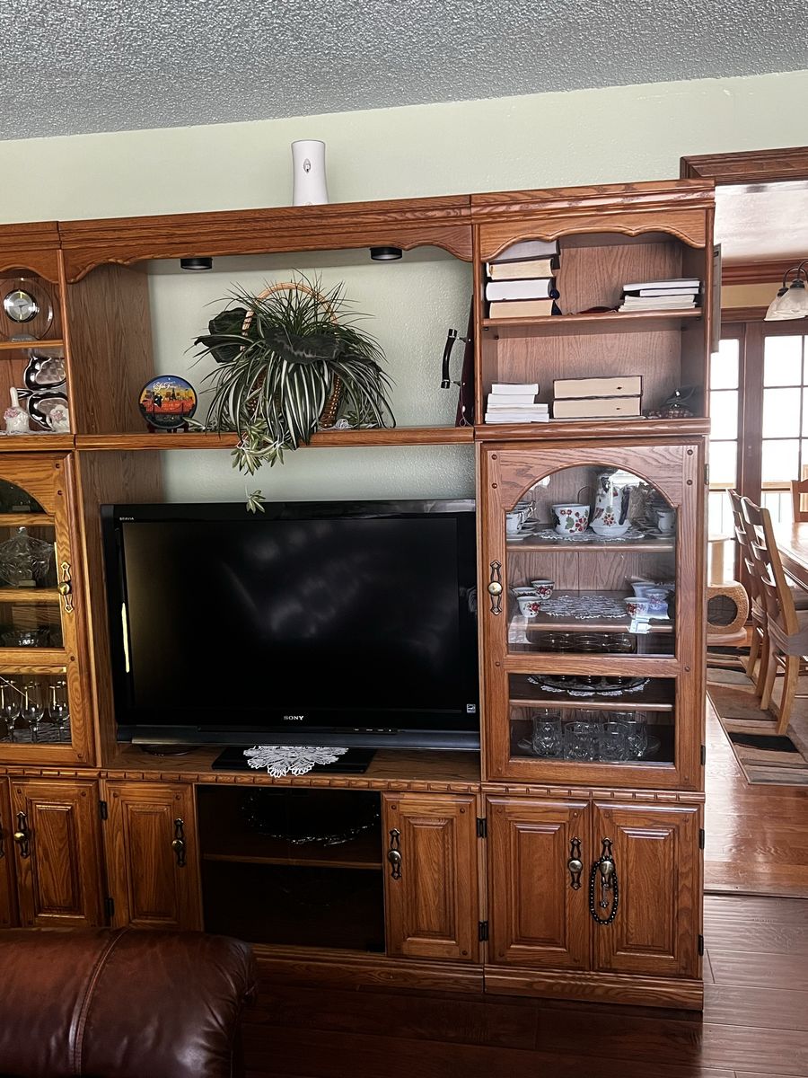 vintage oak-style entertainment center / wall unit with matching corner shelf
