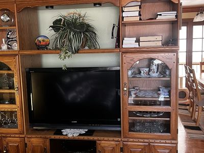 vintage oak-style entertainment center / wall unit with matching corner shelf