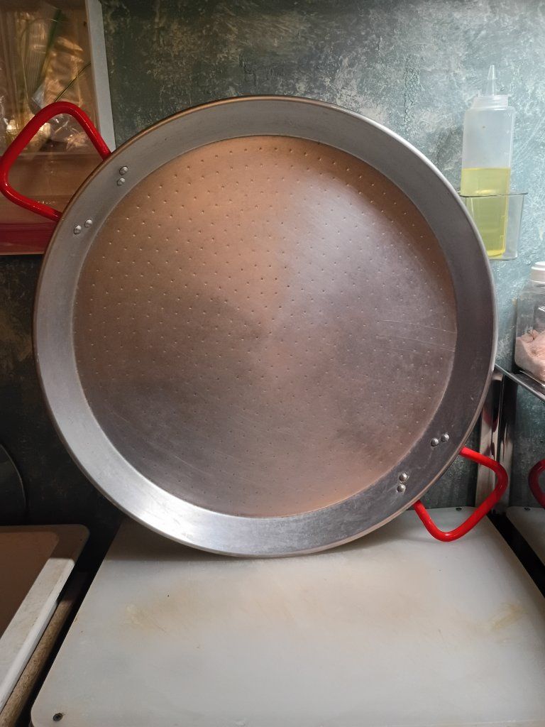 Large Round Aluminum Paella Pan with Red Handles
