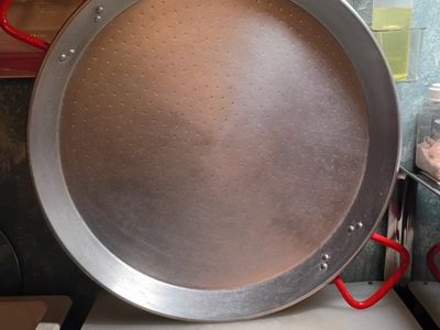 Large Round Aluminum Paella Pan with Red Handles