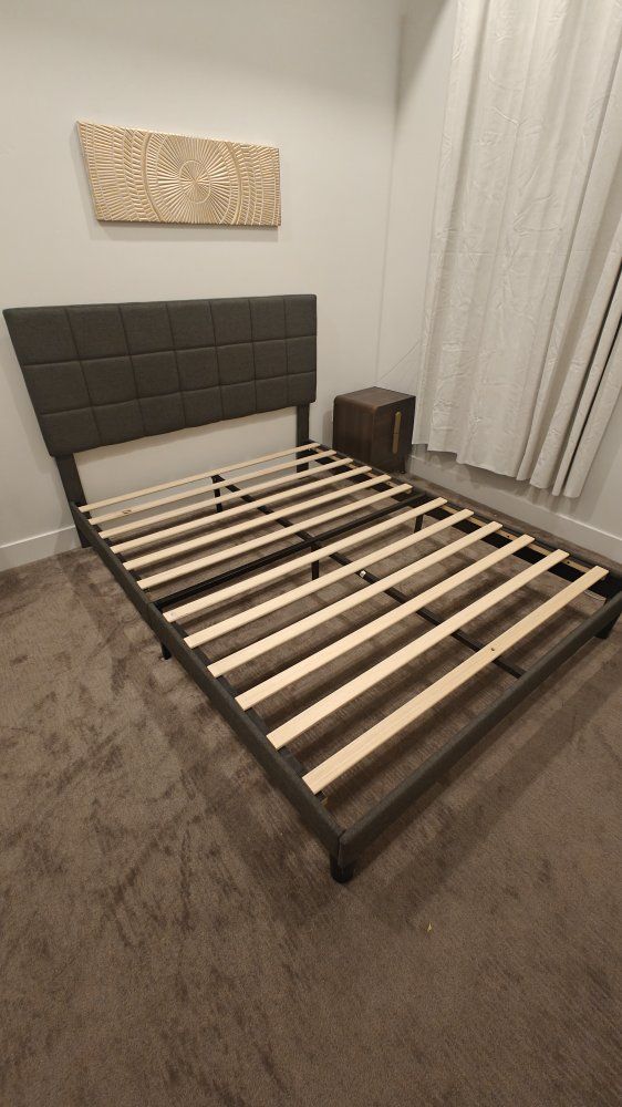 Upholstered Queen Bed Frame with Headboard - Dark Gray Fabric, Wood Slats, Modern Design