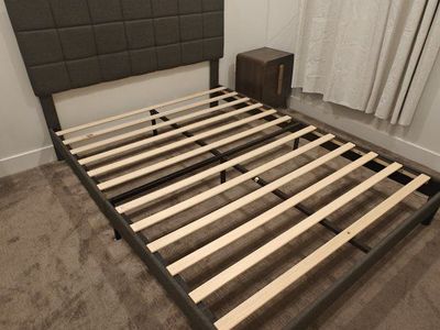 Upholstered Queen Bed Frame with Headboard - Dark Gray Fabric, Wood Slats, Modern Design