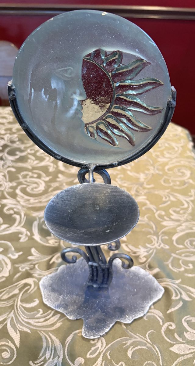 Vintage celestial sun and moon molded glass candle holder