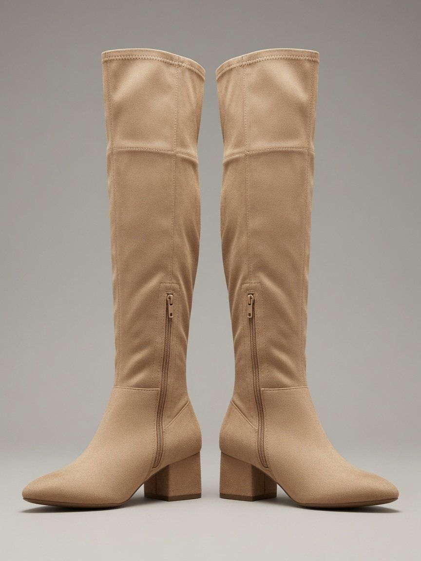 Qupid Women's Beige Suede Knee-High Block Heel Boots NEW with Box