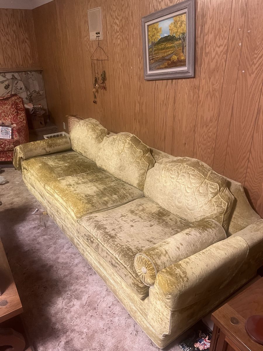 Vintage Gold Velvet Sofa with Tufted Cushions and Bolster Pillows
