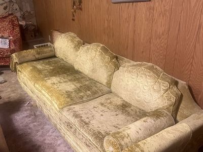 Vintage Gold Velvet Sofa with Tufted Cushions and Bolster Pillows