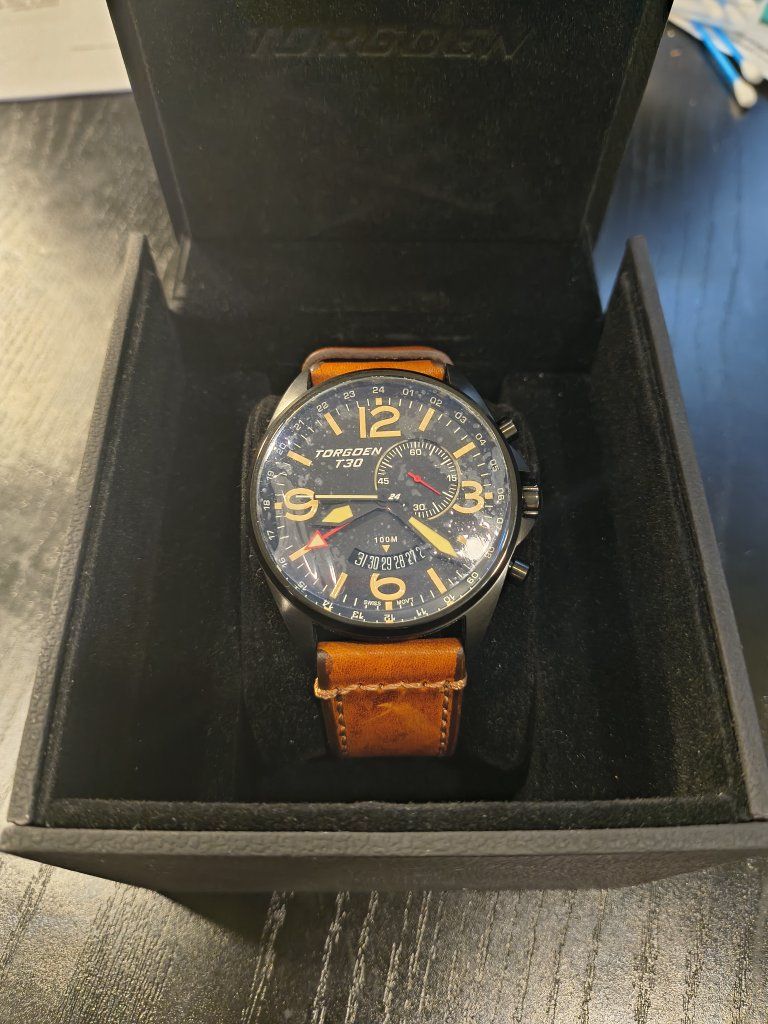 TORGOEN T30 Swiss Chronograph Watch with Brown Leather Strap, 100M Water Resistant
