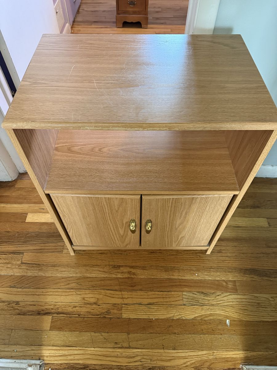 Oak Finish Wood Rolling Storage Cabinet with Shelf, Brass Knobs - Versatile Small Furniture Unit