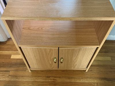 Oak Finish Wood Rolling Storage Cabinet with Shelf, Brass Knobs - Versatile Small Furniture Unit