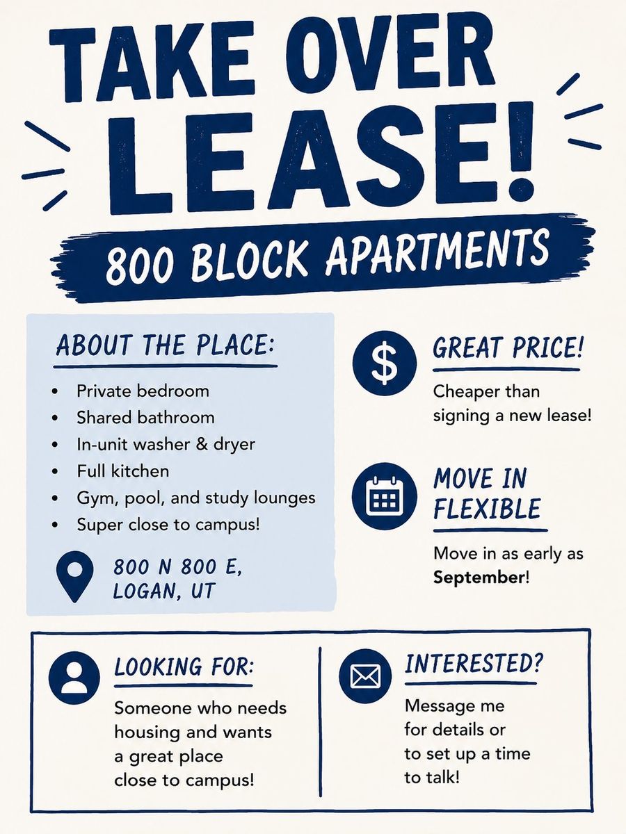 Lease Takeover - 800 Block Apartments (Private Bedroom, Shared Bath)