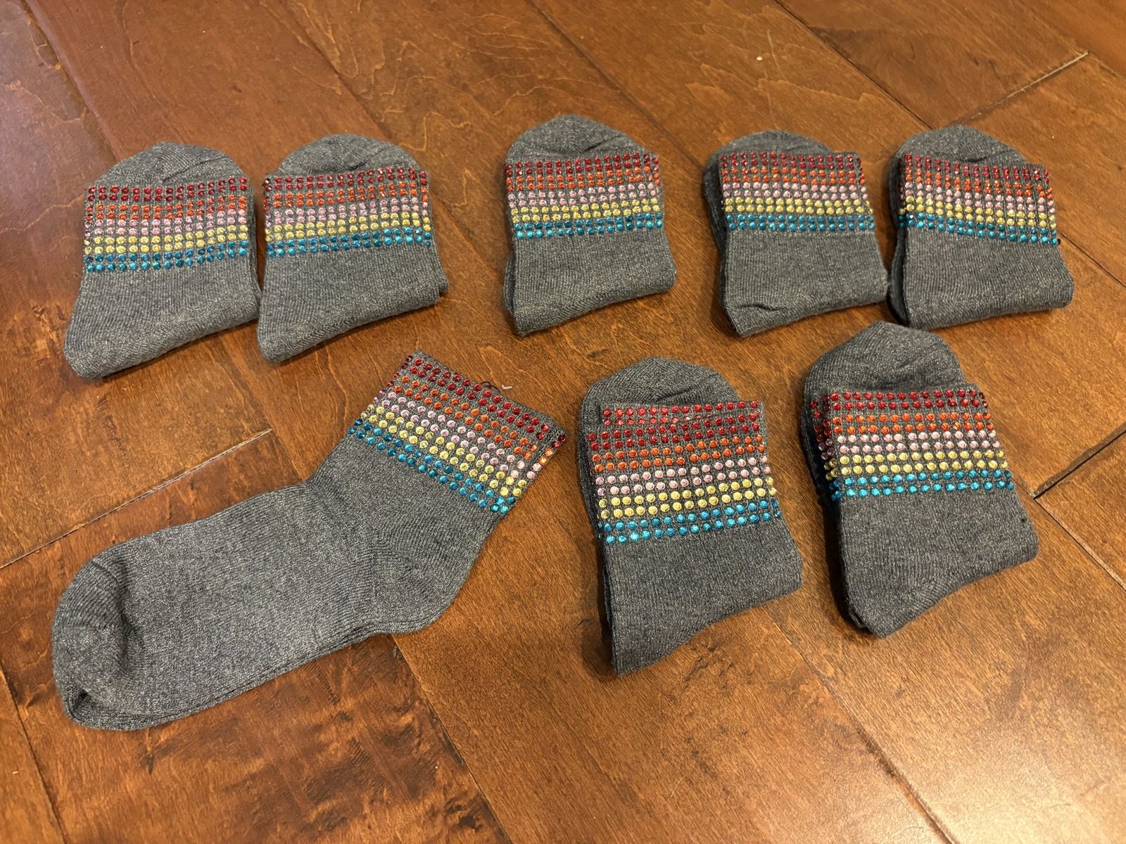 New Gray Ankle Socks w/ Colored Rhinestones 