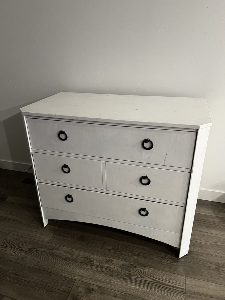 White Wood Dresser Chest with Drawers - 3 Large Drawers with Black Pulls