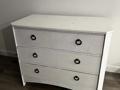White Wood Dresser Chest with Drawers - 3 Large Drawers with Black Pulls