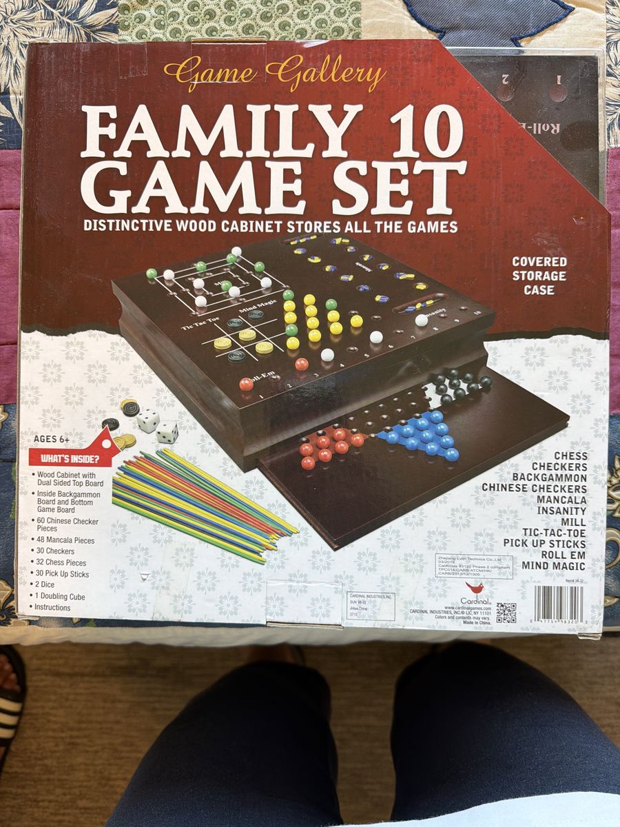 Game Gallery Family 10-in-1 Game Set w/ Wood Cabinet: Chess, Checkers, Backgammon, Mancala & More