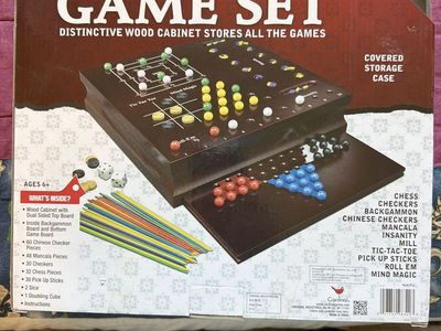 Game Gallery Family 10-in-1 Game Set w/ Wood Cabinet: Chess, Checkers, Backgammon, Mancala & More