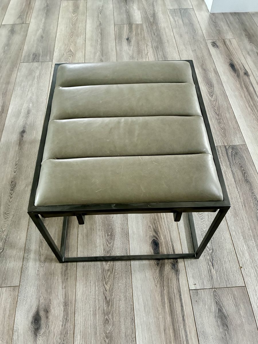 Metal Faux Grey Leather Ottoman. 