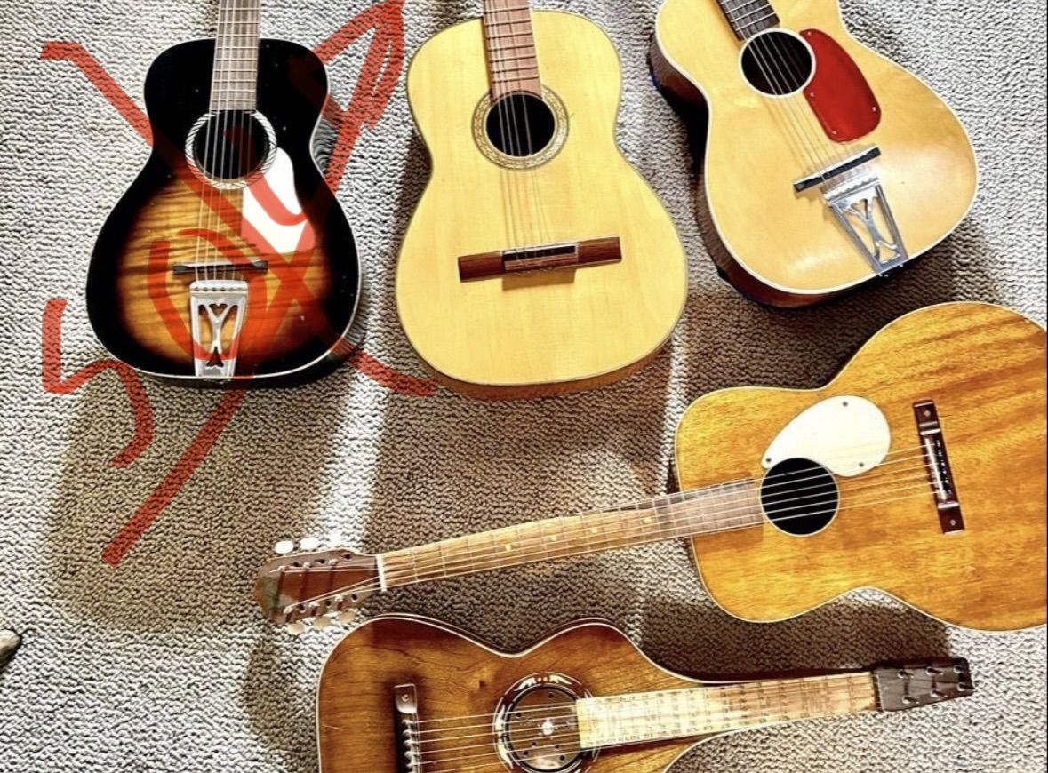 Antique Stella harmony parlor guitar, acoustic USA made. Also a Kay, & Hawaiin laptop weisenborn slat key Kay fat bottom