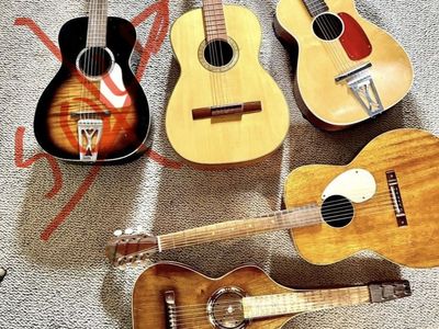 Antique Stella harmony parlor guitar, acoustic USA made. Also a Kay, & Hawaiin laptop weisenborn slat key Kay fat bottom